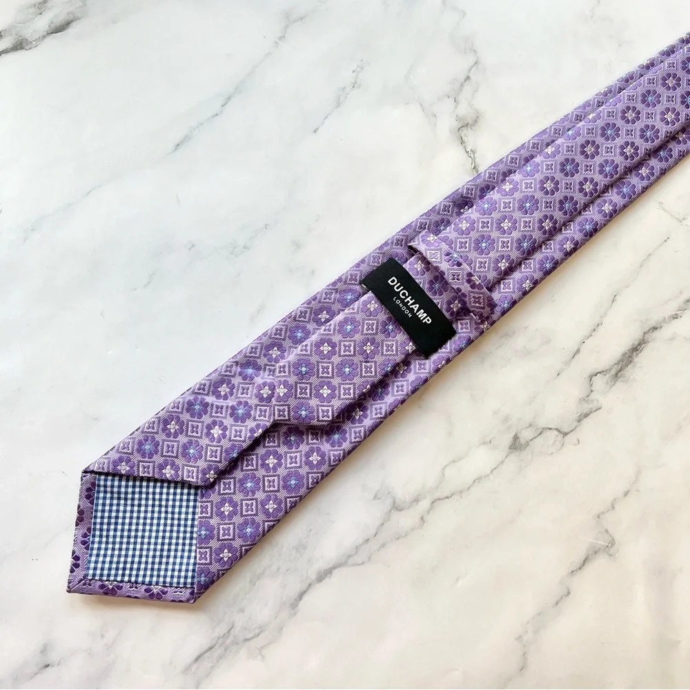 Duchamp Purple Blue Floral Geometric Men’s Silk Tie Hand Made in England